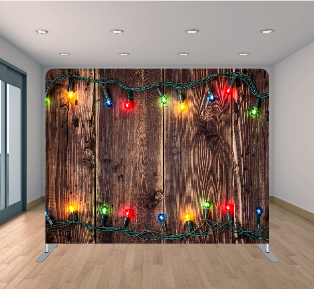 8X8ft Pillowcase Tension Backdrop- Wood with Christmas Lights (Holiday)